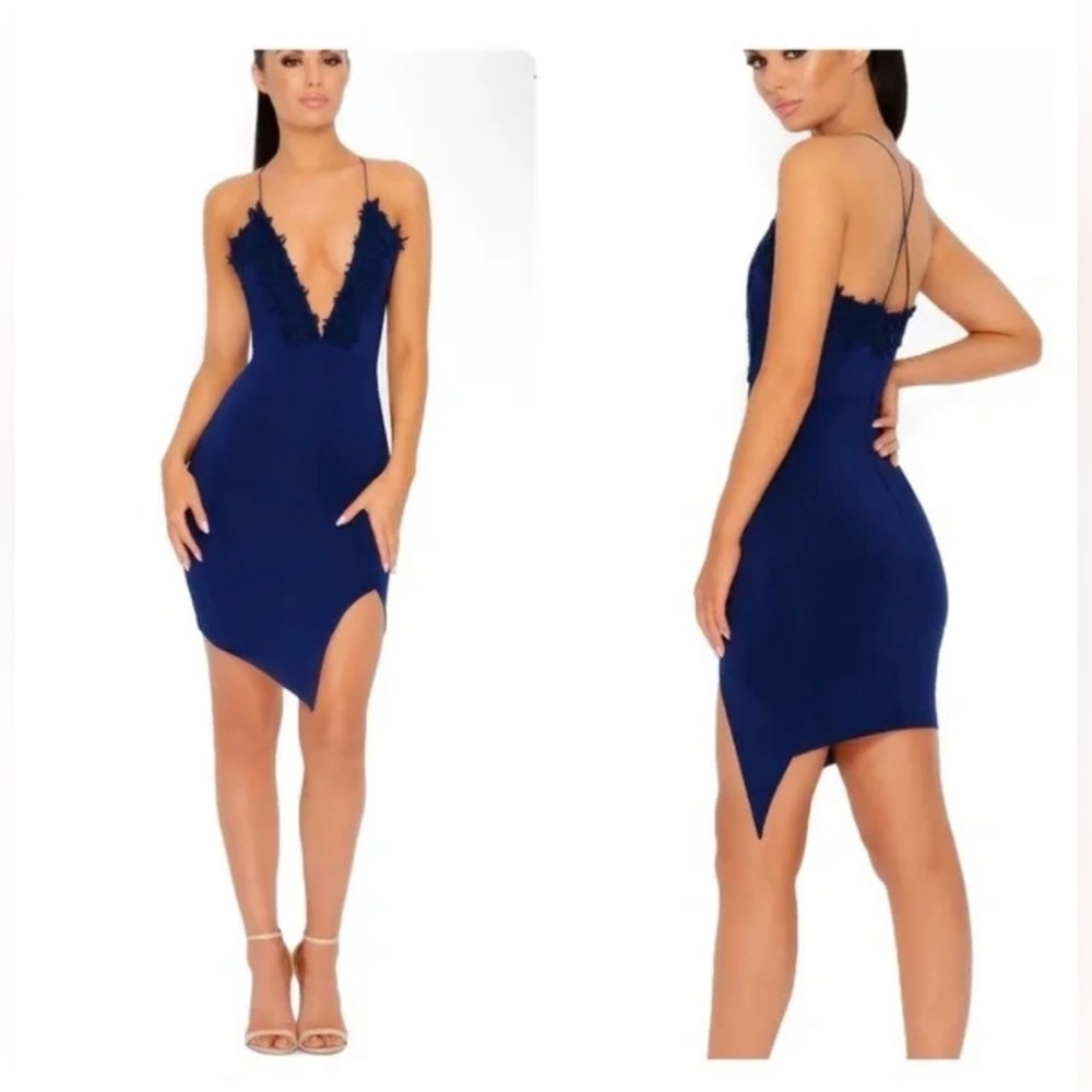 Oh Polly Lace Up To It Thigh Split Knee Length Dress in Navy
